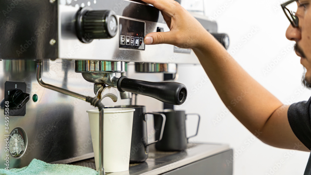 Professional Coffee Making: Barista Using Espresso Machine with Disposable Cup Professional Coffee Making: Barista Using Espresso Machine with Disposable Cup