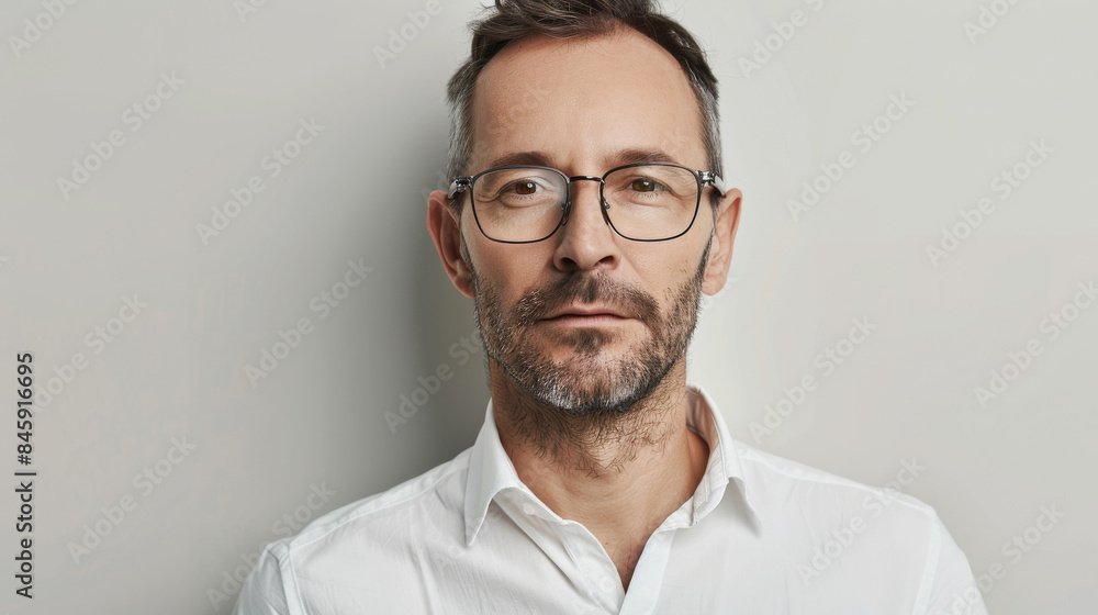 Man with grey hair and beard in glasses, photographed against a plain backdrop, presenting a calm and composed demeanor of thoughtful maturity. Man with grey hair and beard in glasses, photographed against a plain backdrop, presenting a calm and composed demeanor of thoughtful maturity.