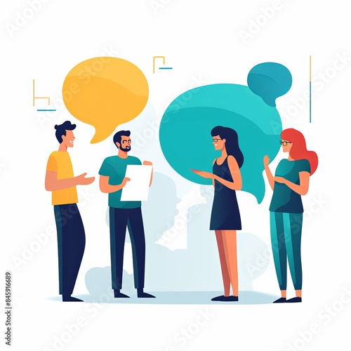 flat vector style illustration, a diverse group of people talking and collaborating, on white background 