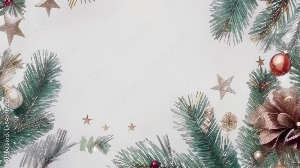 A festive Christmas-themed border with pine branches, ornaments, and stars set against a white background. The decorative items include gold and red baubles, pine cones, and various stars, A festive Christmas-themed border with pine branches, ornaments, and stars set against a white background. The decorative items include gold and red baubles, pine cones, and various stars,