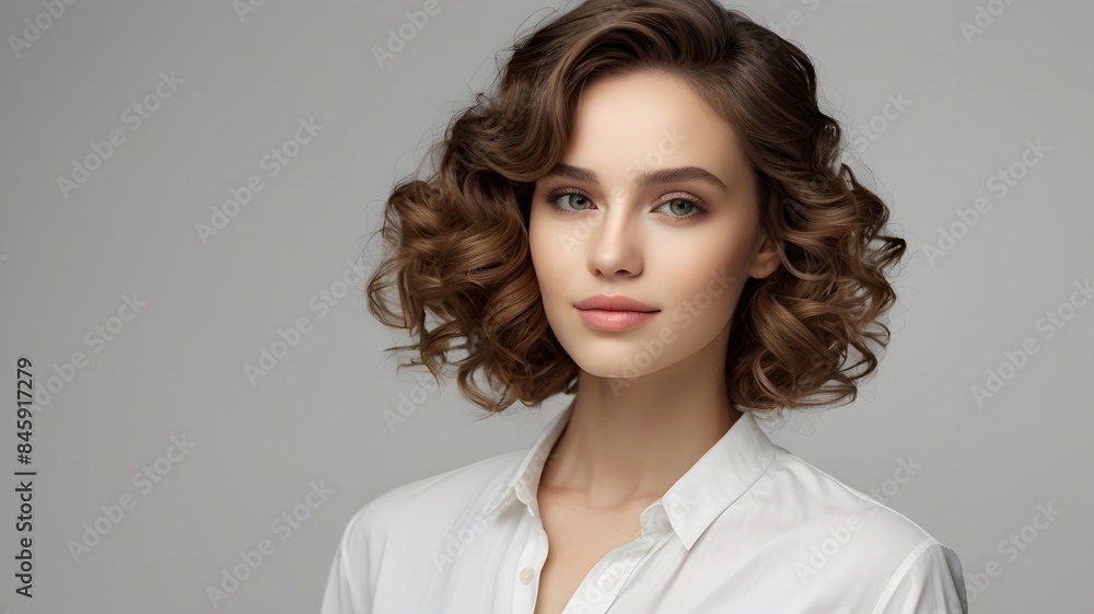 Portrait of a Young Woman with Short Wavy Hair, Wearing a White Shirt, and Displaying a Serene Expression Against a Neutral Background Portrait of a Young Woman with Short Wavy Hair, Wearing a White Shirt, and Displaying a Serene Expression Against a Neutral Background