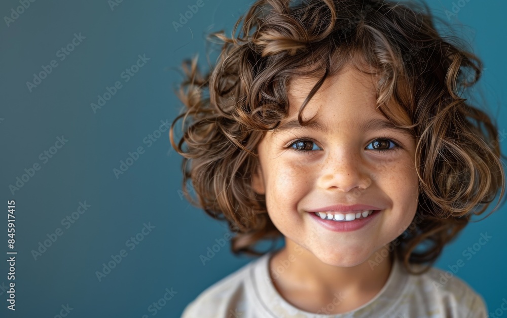 A young child with curly hair is smiling and looking at the camera. Concept of innocence and happiness, as the child's smile is genuine and warm. The child's hair adds a playful A young child with curly hair is smiling and looking at the camera. Concept of innocence and happiness, as the child's smile is genuine and warm. The child's hair adds a playful