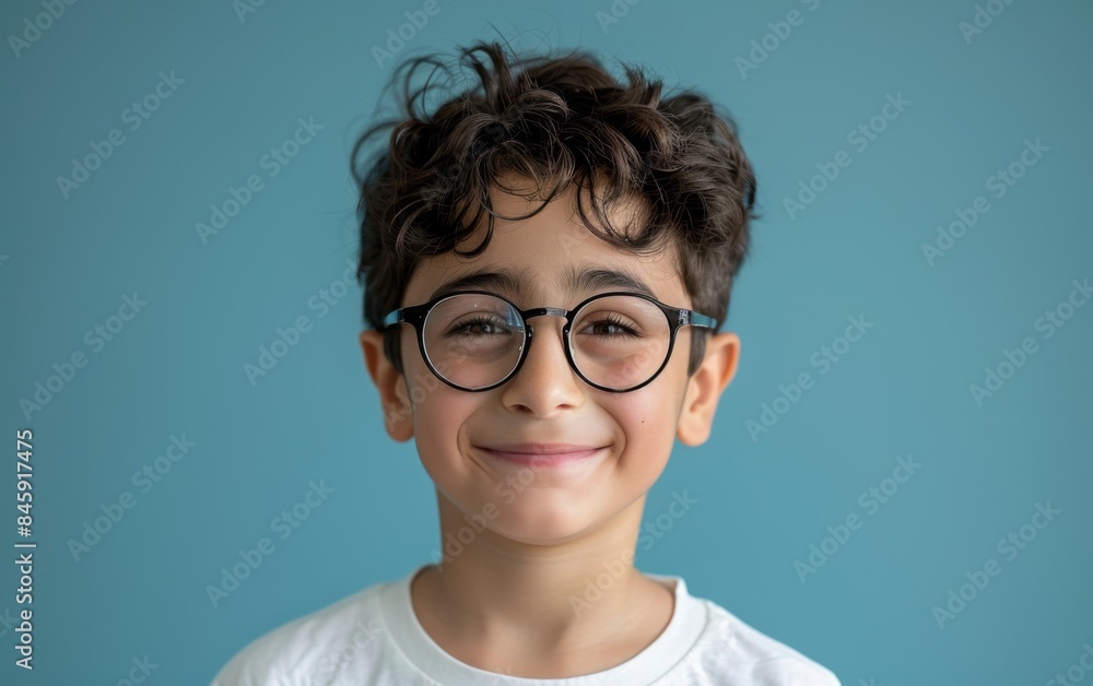 A young boy with glasses is smiling at the camera. Concept of innocence and happiness, as the boy appears to be enjoying the moment. The blue background adds a touch of calmness to the scene A young boy with glasses is smiling at the camera. Concept of innocence and happiness, as the boy appears to be enjoying the moment. The blue background adds a touch of calmness to the scene
