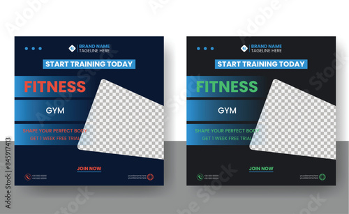 Social media post template design for Gym, Fitness, Workout, and Sports. Editable modern abstract banner with place for the photo. Usable for social media, banner , and website.