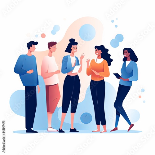 flat vector style illustration, a diverse group of people talking and collaborating