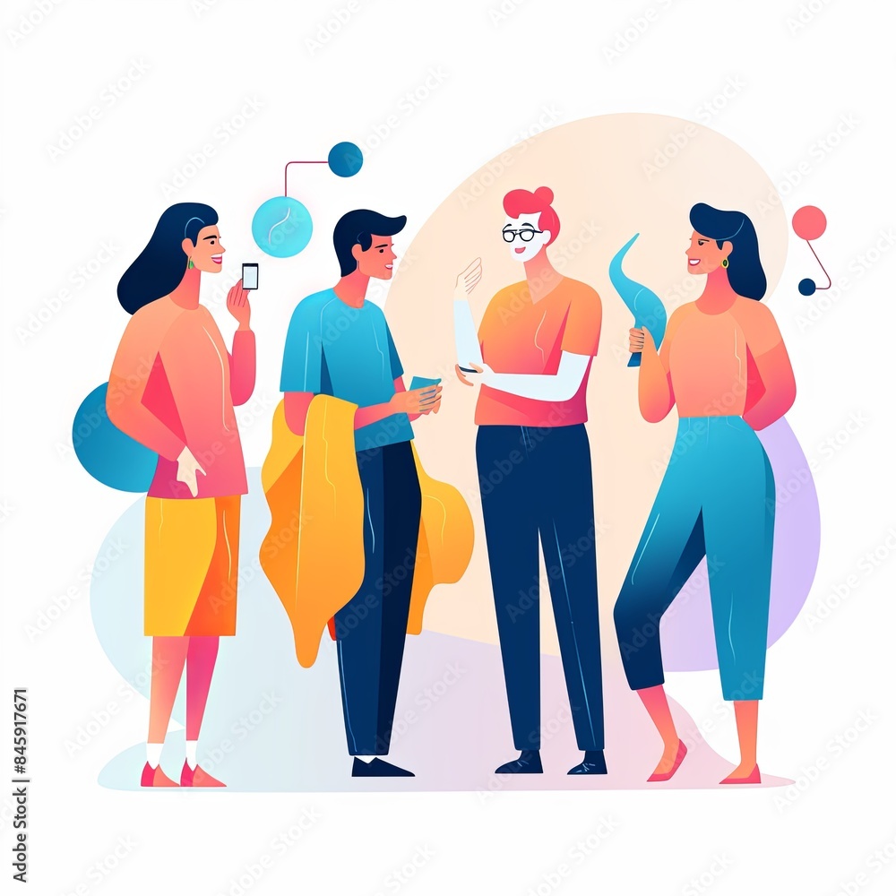 flat vector style illustration, a diverse group of people talking and collaborating flat vector style illustration, a diverse group of people talking and collaborating