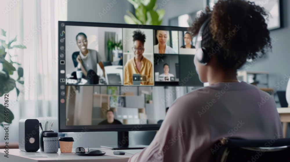 A woman engages in a video call with colleagues from her well-lit, modern home office, connecting with ease. A woman engages in a video call with colleagues from her well-lit, modern home office, connecting with ease.