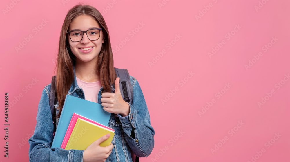 A young woman wearing glasses, holding books, with a smile on her face shows a thumbs up, suggesting that she is ready for school or work. A young woman wearing glasses, holding books, with a smile on her face shows a thumbs up, suggesting that she is ready for school or work.