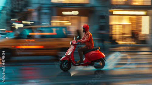 A person rides a red scooter through a bustling city street at dusk, blending the excitement and rhythm of urban life with dynamic motion.