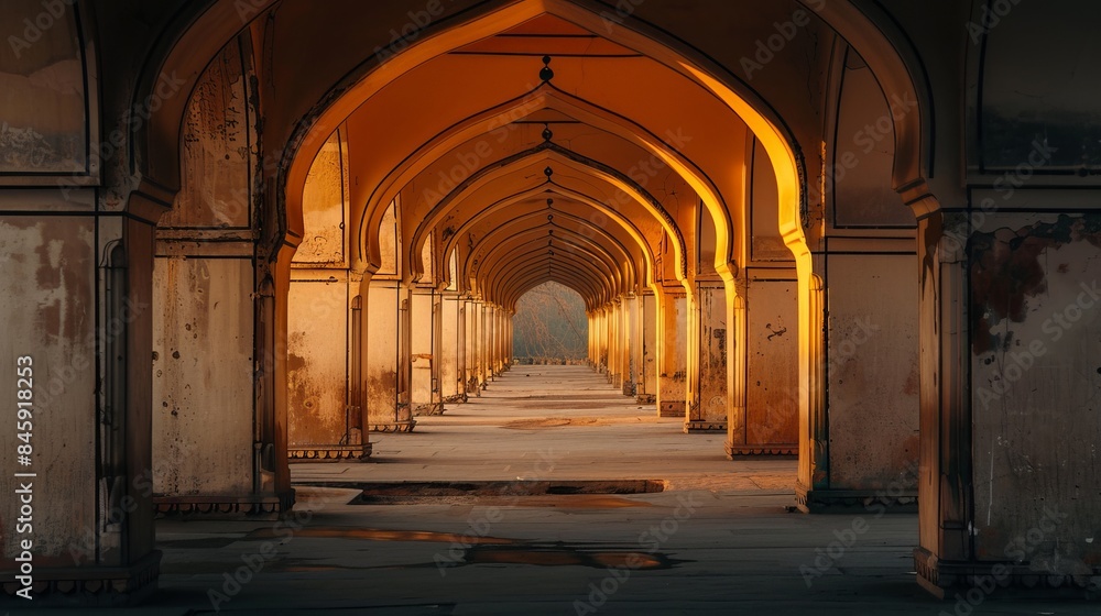 Ancient architectural corridor with golden arches and warm light. A perfect blend of history and art. This image captures the essence of cultural heritage and timeless beauty. AI Ancient architectural corridor with golden arches and warm light. A perfect blend of history and art. This image captures the essence of cultural heritage and timeless beauty. AI