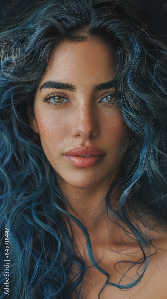 Naklejka premium A woman with blue hair looks at the camera on a dark background.