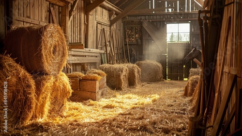 Interior view of barn house with hay bale in farm.