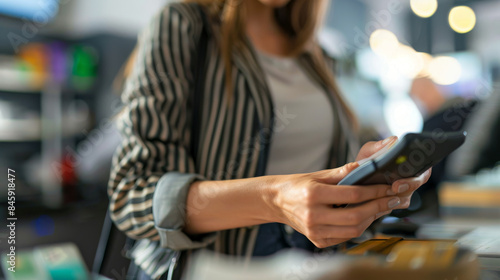 A woman is looking at her cell phone while standing in a store