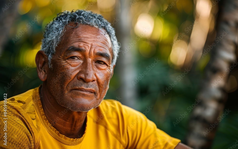 A man with a beard and gray hair is wearing a yellow shirt. He looks tired and sad A man with a beard and gray hair is wearing a yellow shirt. He looks tired and sad