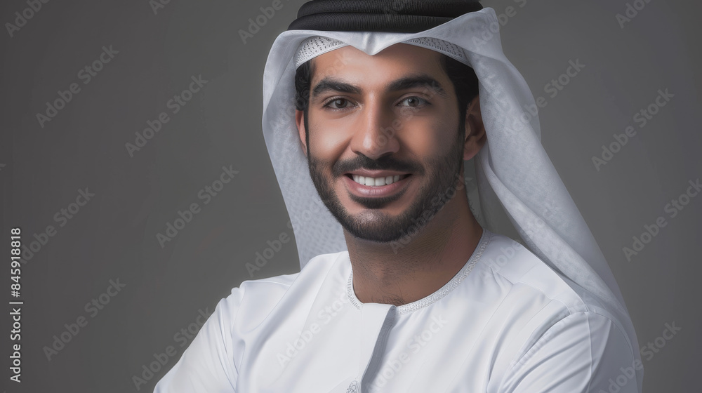 Portrait of a smiling man in traditional Middle Eastern attire, capturing a moment of charm and confidence against a simple, elegant background. Portrait of a smiling man in traditional Middle Eastern attire, capturing a moment of charm and confidence against a simple, elegant background.