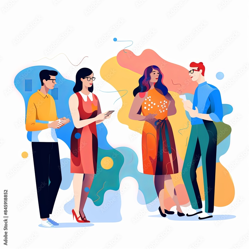 flat vector style illustration, a diverse group of people talking and collaborating flat vector style illustration, a diverse group of people talking and collaborating