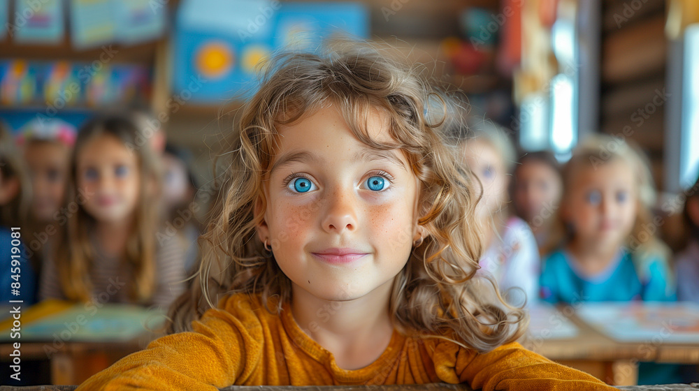 A young girl with bright blue eyes and curly blonde hair smiles at the camera as she sits at a desk in a classroom A young girl with bright blue eyes and curly blonde hair smiles at the camera as she sits at a desk in a classroom
