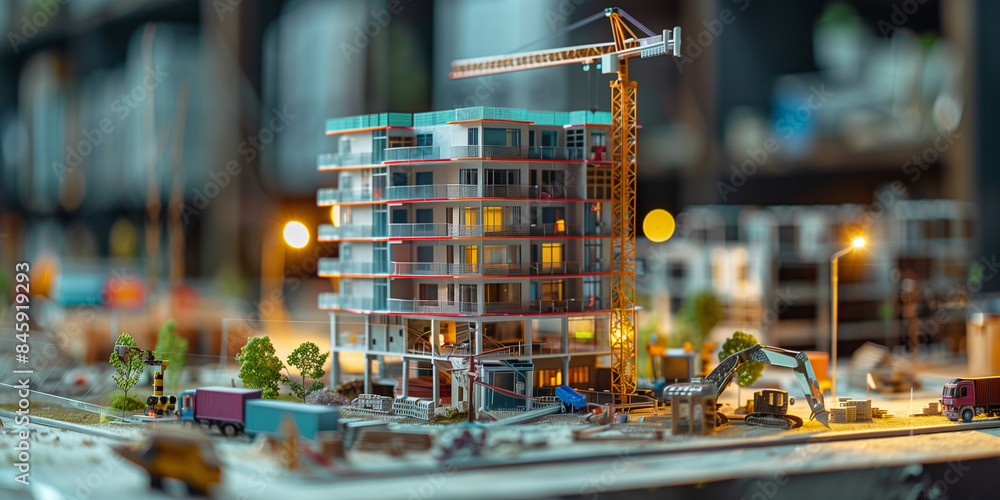A close-up shot of a detailed miniature model cityscape. The model features a tall apartment building under construction, a crane, streetlights, and small vehicles A close-up shot of a detailed miniature model cityscape. The model features a tall apartment building under construction, a crane, streetlights, and small vehicles