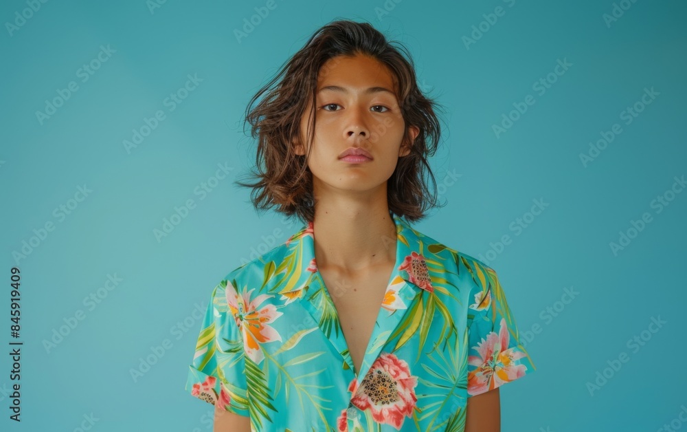 A man in a floral shirt is standing in front of a blue wall. The shirt is bright and colorful, and the man's hair is styled in a way that makes him look confident and stylish A man in a floral shirt is standing in front of a blue wall. The shirt is bright and colorful, and the man's hair is styled in a way that makes him look confident and stylish