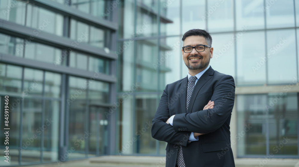 Confident businessman in a dark suit, standing with arms crossed outside a modern glass office building. Confident businessman in a dark suit, standing with arms crossed outside a modern glass office building.