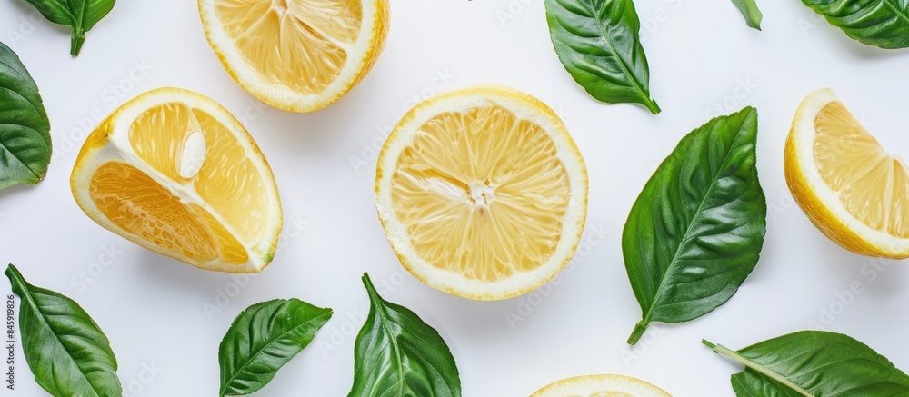 Sliced Lemon with Fresh Green Leaves on a White Background in a Top-Down View Sliced Lemon with Fresh Green Leaves on a White Background in a Top-Down View