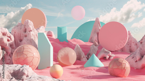 A vivid, whimsical landscape of pastel-colored geometric shapes and surreal environments under a bright sky filled with fluffy clouds. photo