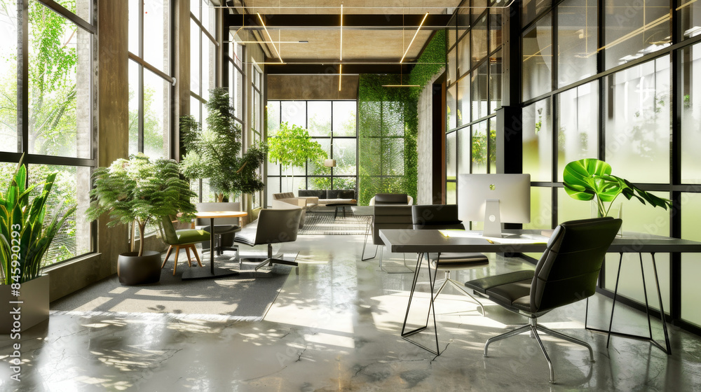 A stylish office with floor-to-ceiling windows and lush greenery, bathed in sunlight, designed to inspire creativity and productivity. A stylish office with floor-to-ceiling windows and lush greenery, bathed in sunlight, designed to inspire creativity and productivity.