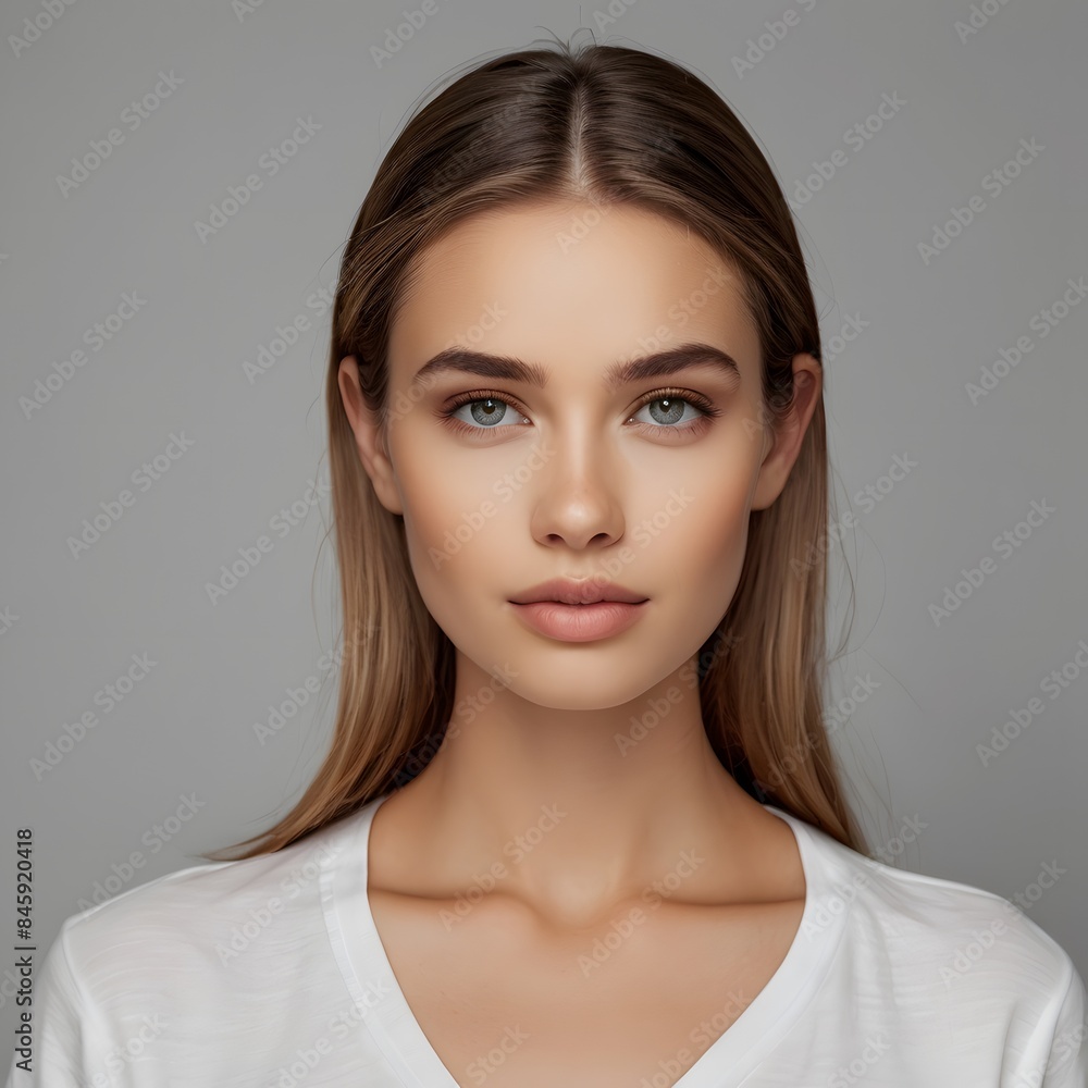 Serene Portrait of a Young Woman with Long, Straight Hair in Soft Studio Lighting Serene Portrait of a Young Woman with Long, Straight Hair in Soft Studio Lighting