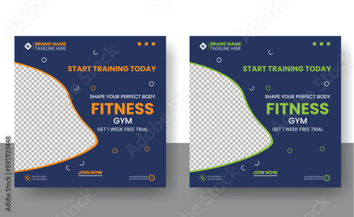 Social media post template design for Gym, Fitness, Workout, and Sports. Editable modern abstract banner with place for the photo. Usable for social media, banner , and website.