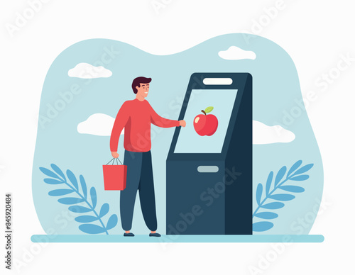 A man orders food through a self-service terminal. Vector