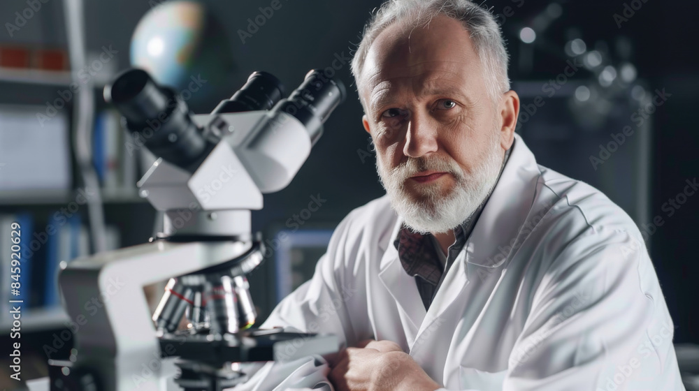 A serious scientist in a white lab coat stands beside a microscope, his focus intent on the camera, in a laboratory filled with scientific equipment. A serious scientist in a white lab coat stands beside a microscope, his focus intent on the camera, in a laboratory filled with scientific equipment.