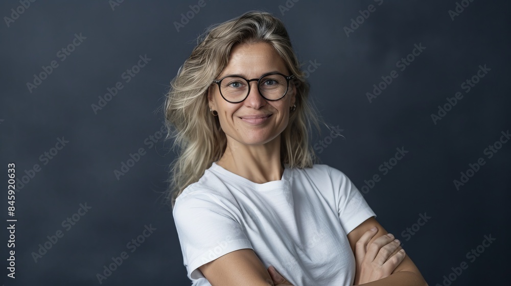 Confident woman with glasses smiling in casual white t-shirt, arms crossed. Professional portrait with dark background. Suitable for business, casual, confident themes in stock photos. AI. Confident woman with glasses smiling in casual white t-shirt, arms crossed. Professional portrait with dark background. Suitable for business, casual, confident themes in stock photos. AI.