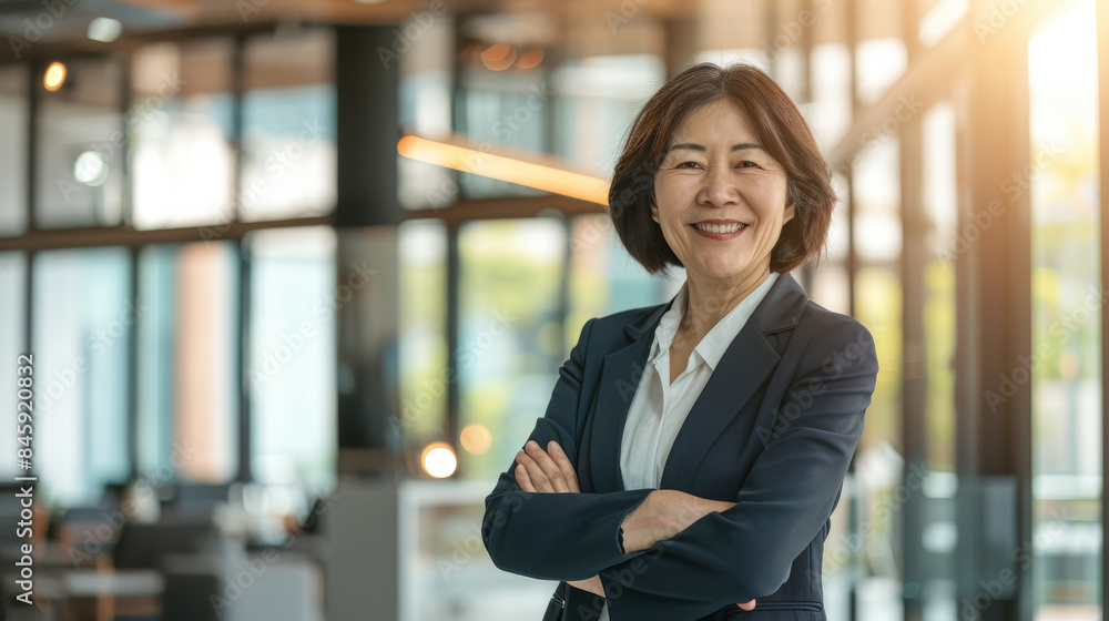 A professional woman in a smart suit stands confidently with arms crossed in a modern office, bathed in natural light with an aura of leadership and success. A professional woman in a smart suit stands confidently with arms crossed in a modern office, bathed in natural light with an aura of leadership and success.