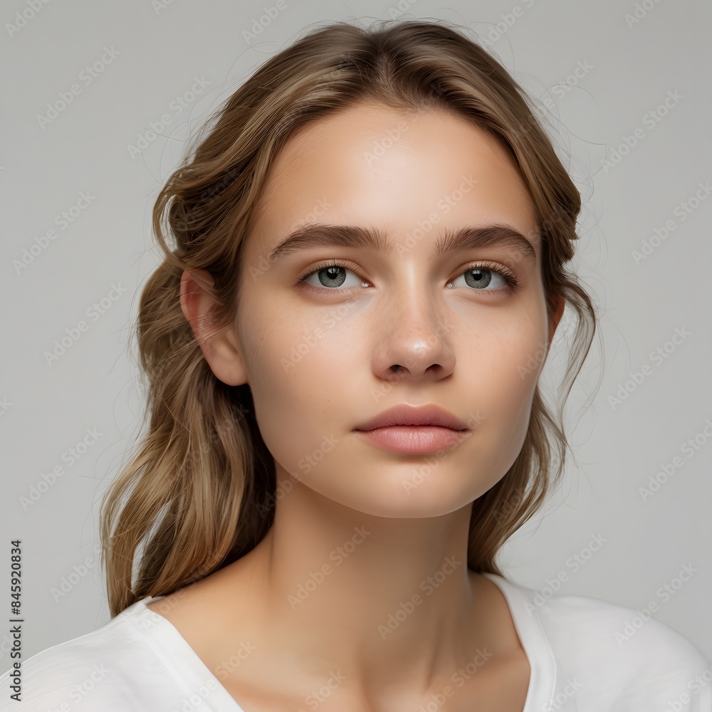Serene Young Woman with Tied-Back Hair and Minimal Makeup, Captured in Soft Studio Lighting Serene Young Woman with Tied-Back Hair and Minimal Makeup, Captured in Soft Studio Lighting