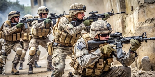 Soldaten im Kampfeinsatz: Mutige Kämpfer in Uniform im Einsatz - Entschlossenheit, Teamwork und Verteidigungsbereitschaft photo
