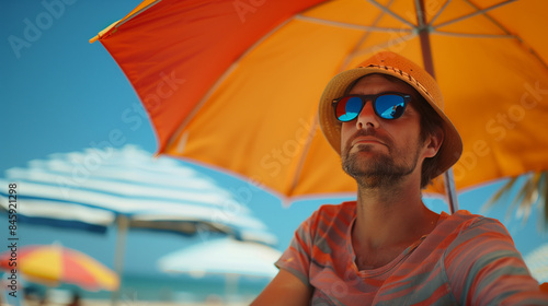 Attractive man with beard and sunglasses sitting under an umbrella on the beach.