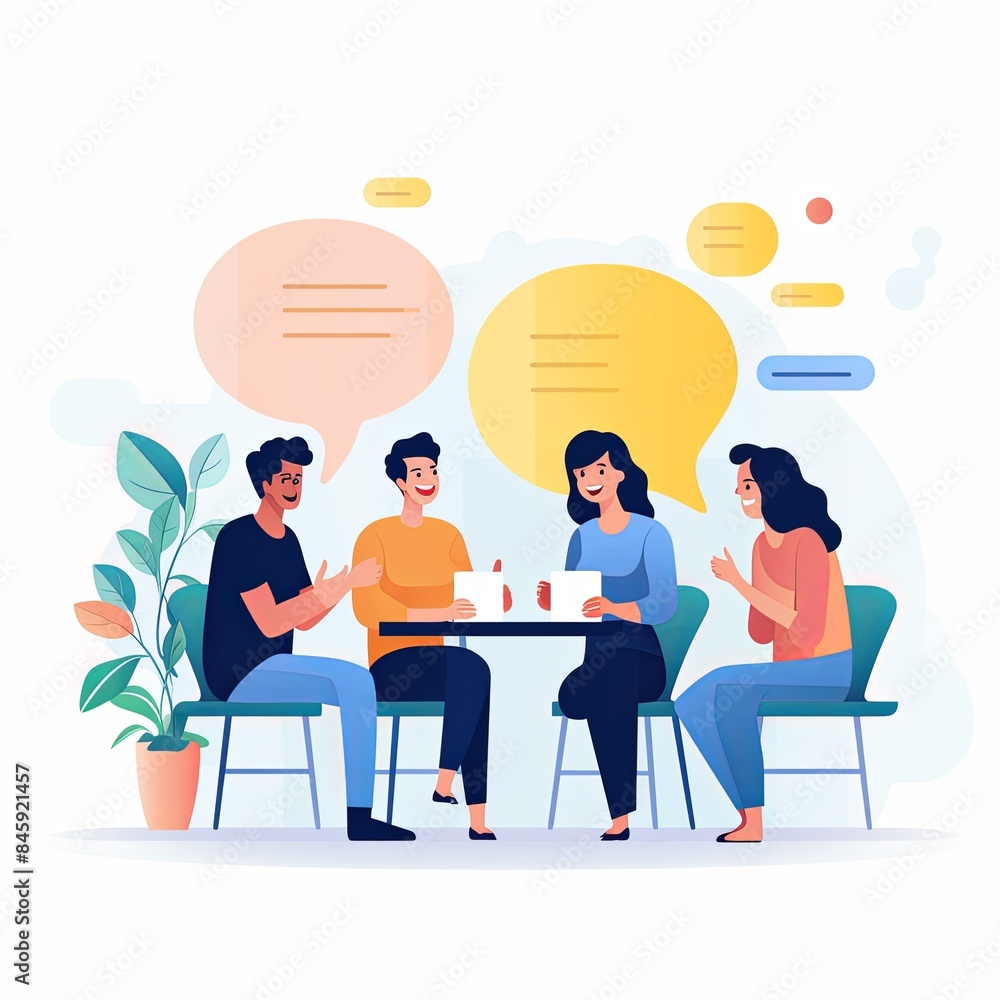 flat vector style illustration, a diverse group of people talking and collaborating flat vector style illustration, a diverse group of people talking and collaborating
