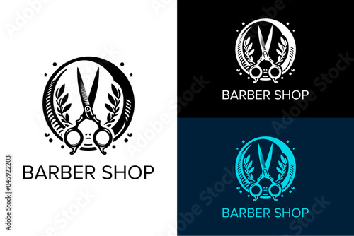 circle vine scissor vector barber shop logo haircut beauty salon parlor hair dresser