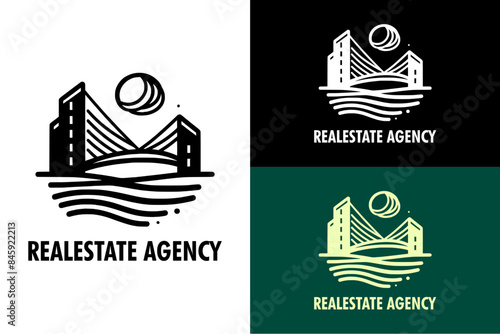 bridge and buildings connection vector design real estate agency logo house property home rental builder