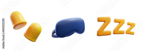 Sleeping mask with earplugs 3D plastic cartoon vector icons set, healthy relaxation accessories, blindfold for travel