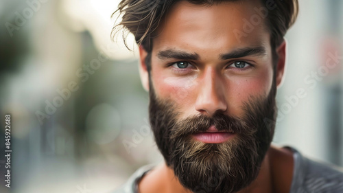 Close up of a handsome rugged male model with blue eyes smoldering for the camera.