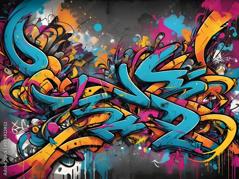 Chaotic and beautiful graffiti art on a black canvas, showcasing bold hues and intricate lettering, Generative AI Chaotic and beautiful graffiti art on a black canvas, showcasing bold hues and intricate lettering, Generative AI