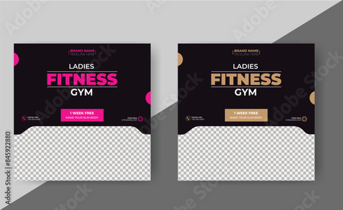 Social media post template design for Gym, Fitness, Workout, and Sports. Editable modern abstract banner with place for the photo. Usable for social media, banner , and website.