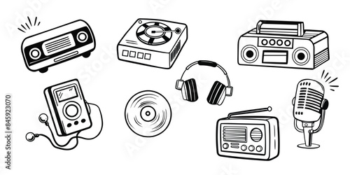 Tape recorders and magnetophones from past, vintage and retro stereo systems. Headphones and recording gadgets, audio with antenna. Cassettes portable loudspeakers, vector