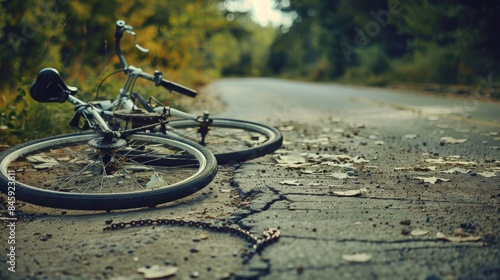 A bicycle lies abandoned on a paved road in a rural setting. The road is lined with trees and covered in fallen leaves. photo