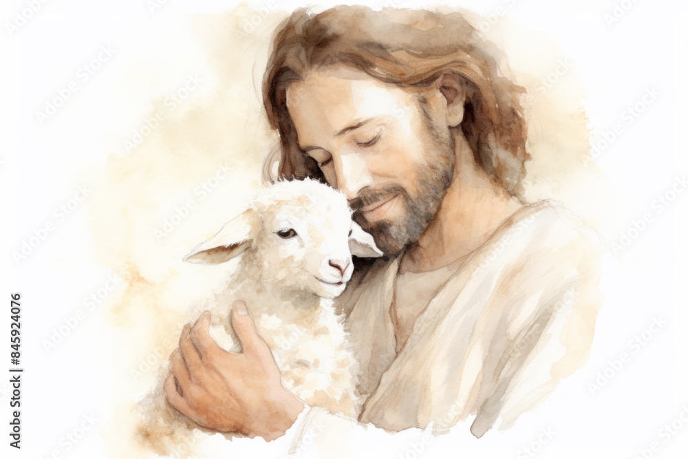 Shepherd Jesus Christ Taking Care of One Missing Lamb Watercolor Illustration Isolated Shepherd Jesus Christ Taking Care of One Missing Lamb Watercolor Illustration Isolated