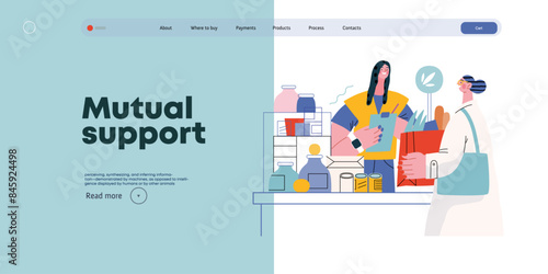 Mutual Support: Bringing groceries to food bank -modern flat vector concept illustration of people donating food to food pantry A metaphor of voluntary, collaborative exchanges of resource, services