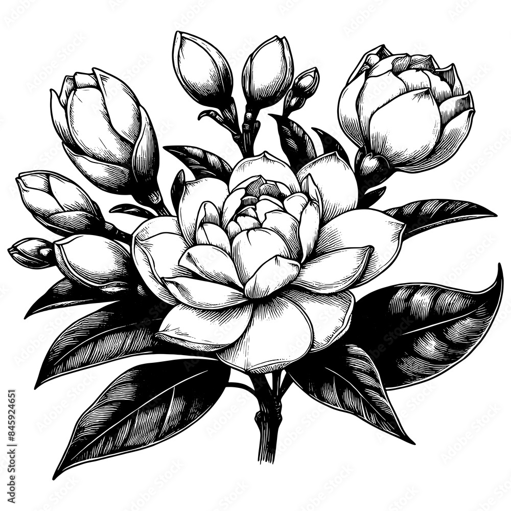 peony camellia flower with multiple blooms and leaves, showcasing botanical beauty sketch engraving generative ai PNG illustration. Scratch board imitation. Black and white image. peony camellia flower with multiple blooms and leaves, showcasing botanical beauty sketch engraving generative ai PNG illustration. Scratch board imitation. Black and white image.