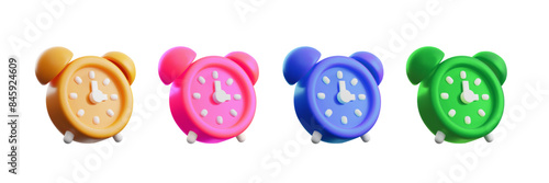 Bright collection of 3D cartoon alarm clocks on an isolated background.