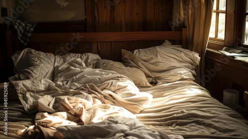 A messy bed with white sheets and pillows is lit by the sun shining through a window in a cabin with wooden walls.